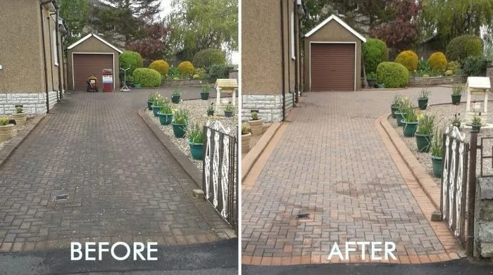 A homeowner using an outdoor tile cleaner on a sandstone patio in Ireland, showing the effective removal of green algae and dirt for a restored natural stone finish.