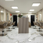 Beauty Salon Transformed with Marble-Effect Tiles and Acoustic Wall Panels