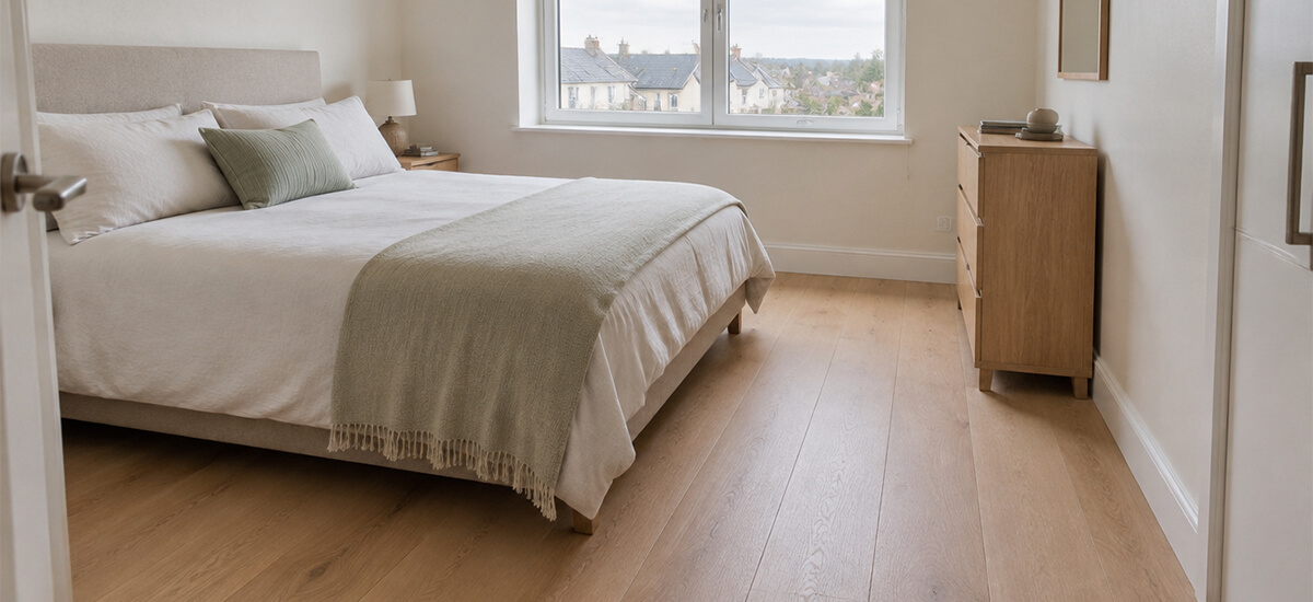 Small bedroom with light natural wood flooring and soft daylight.