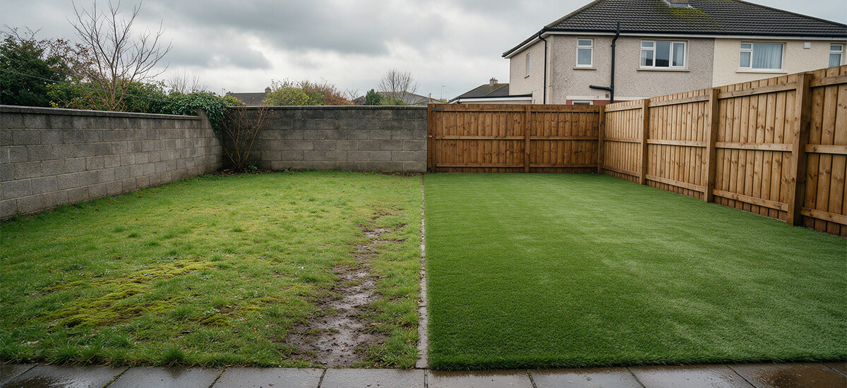 Artificial grass vs real grass in an Irish back garden, with a patchy natural lawn on one side and artificial grass on the other