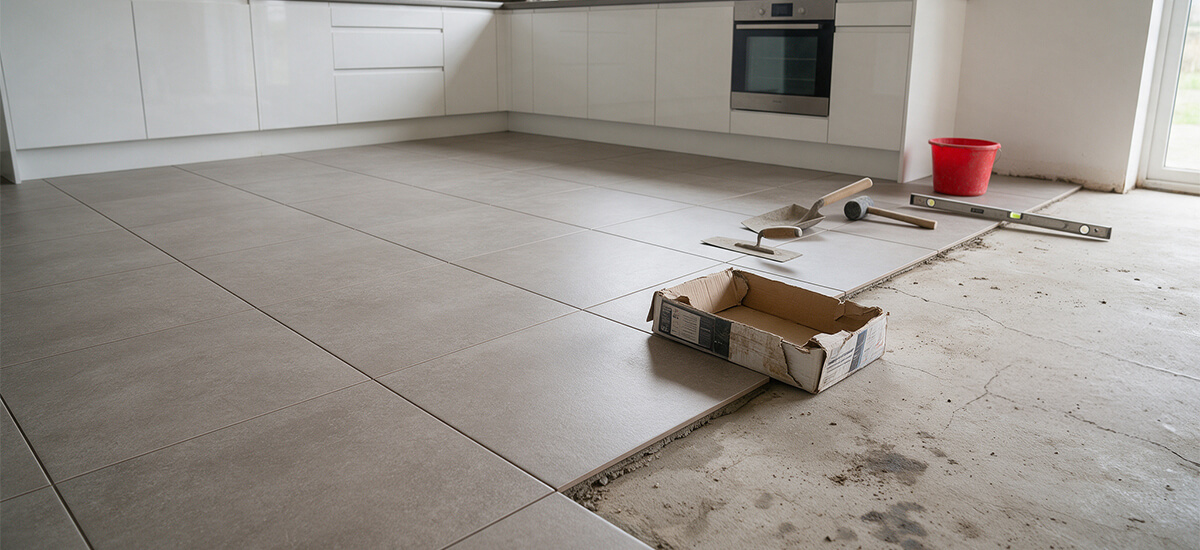 How much tile do I need? A kitchen floor left half-tiled after the last box of porcelain tiles ran out