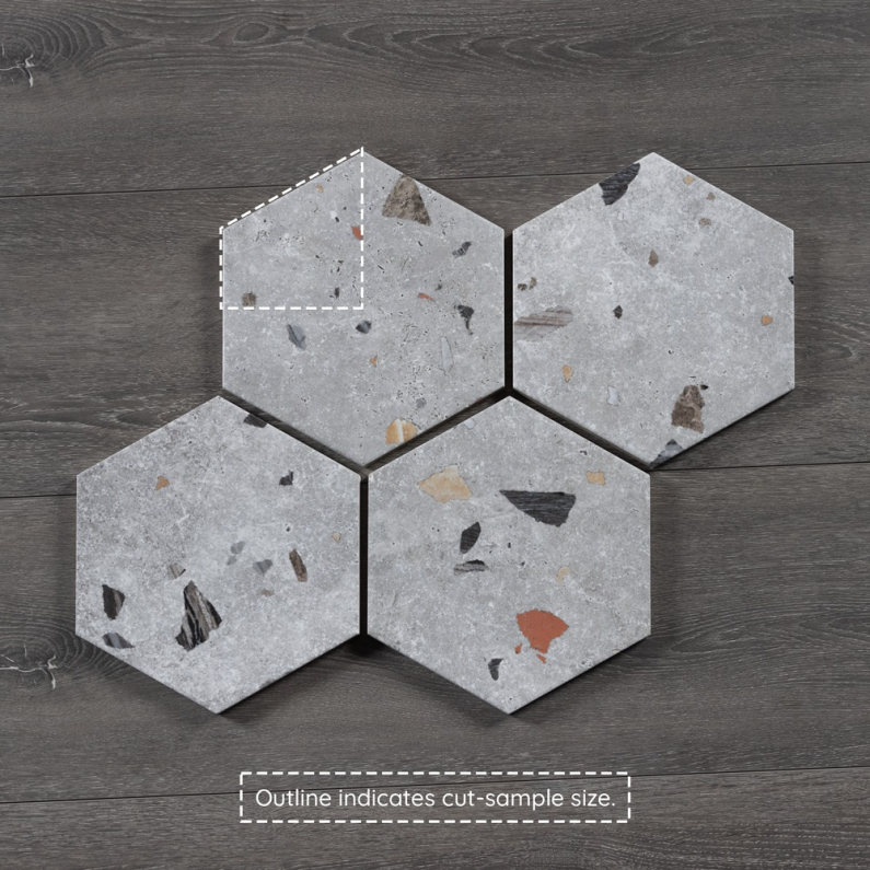 Hexagon Sonar Silver Terrazzo-Effect Satin Porcelain Tile 25x22cm