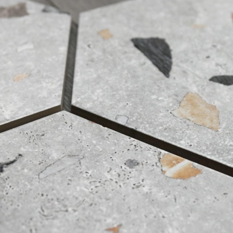 Hexagon Sonar Silver Terrazzo-Effect Satin Porcelain Tile 25x22cm