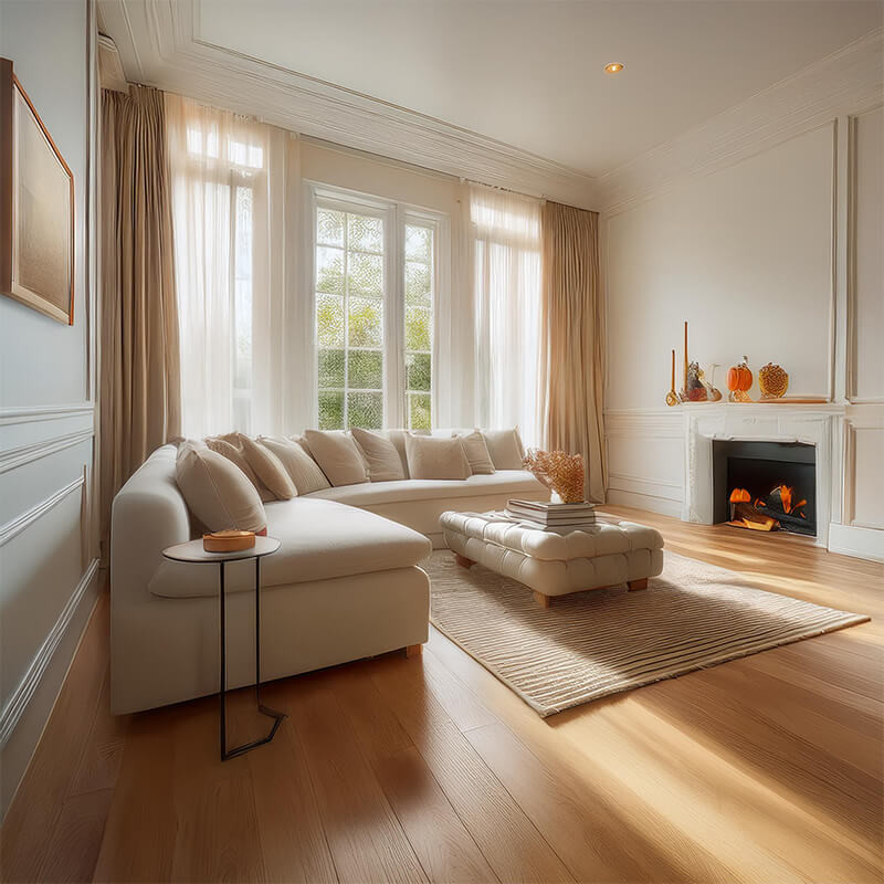 Herringbone wood flooring with ornate skirting in a luxurious living room