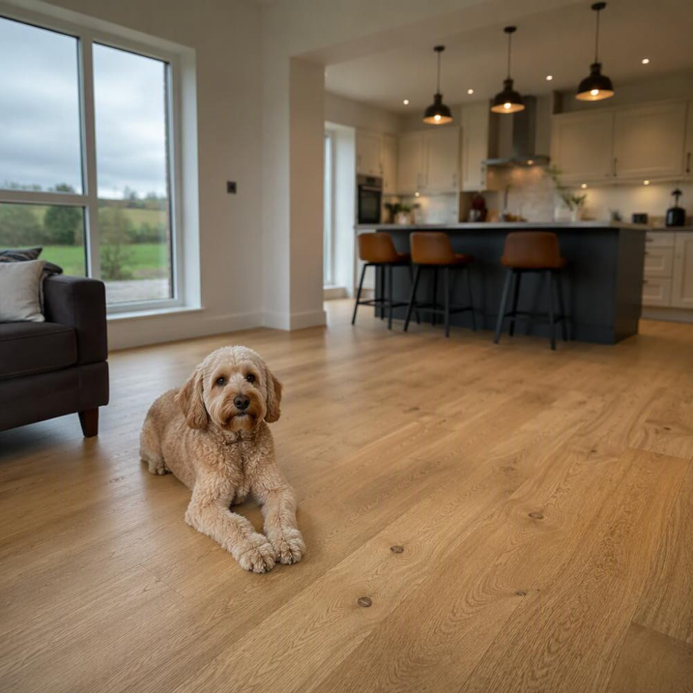 Durable SPC oak flooring for homes with pets Dog lying on wide-plank white oak flooring in an open-plan Irish kitchen and living space