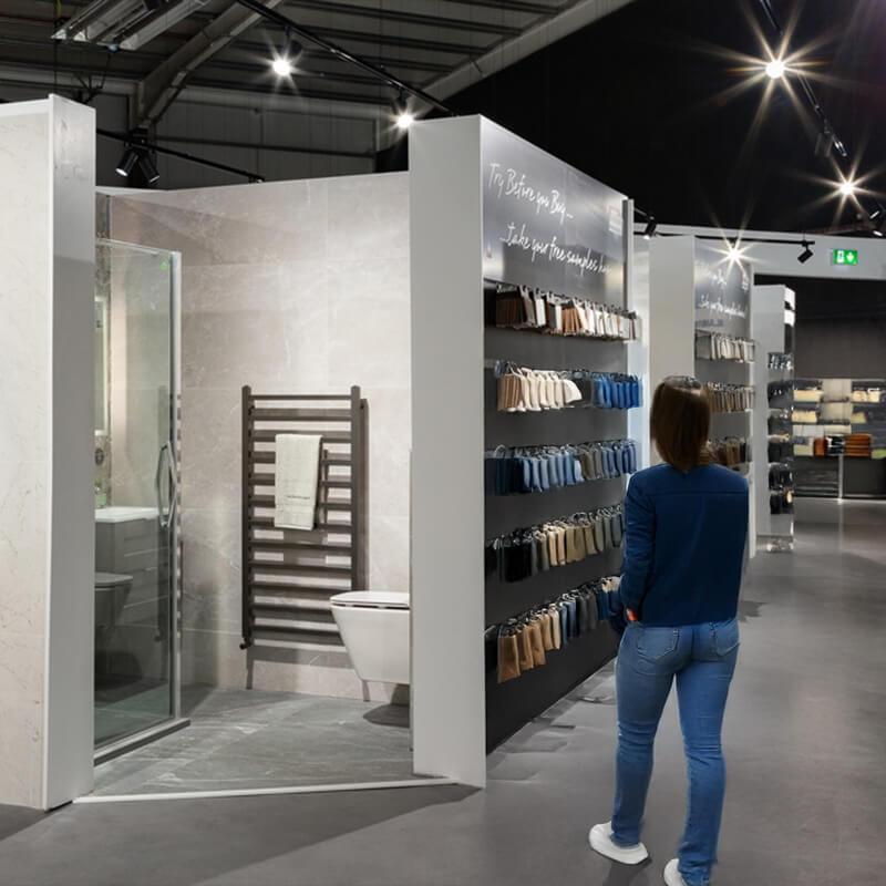 Elegant bathroom tile display in a Dublin tile showroom.