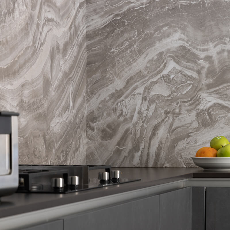 Seamless kitchen UV marble sheet installation in a rustic kitchen
