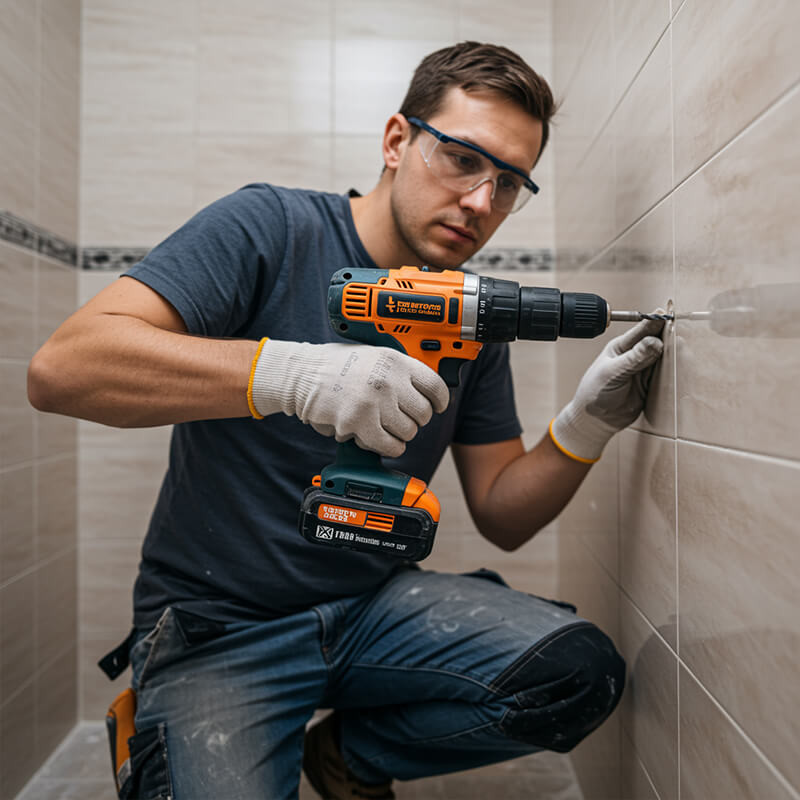 DIYer wearing safety glasses and using a cordless drill to install a fixture on a tiled wall, demonstrating the correct drilling posture.