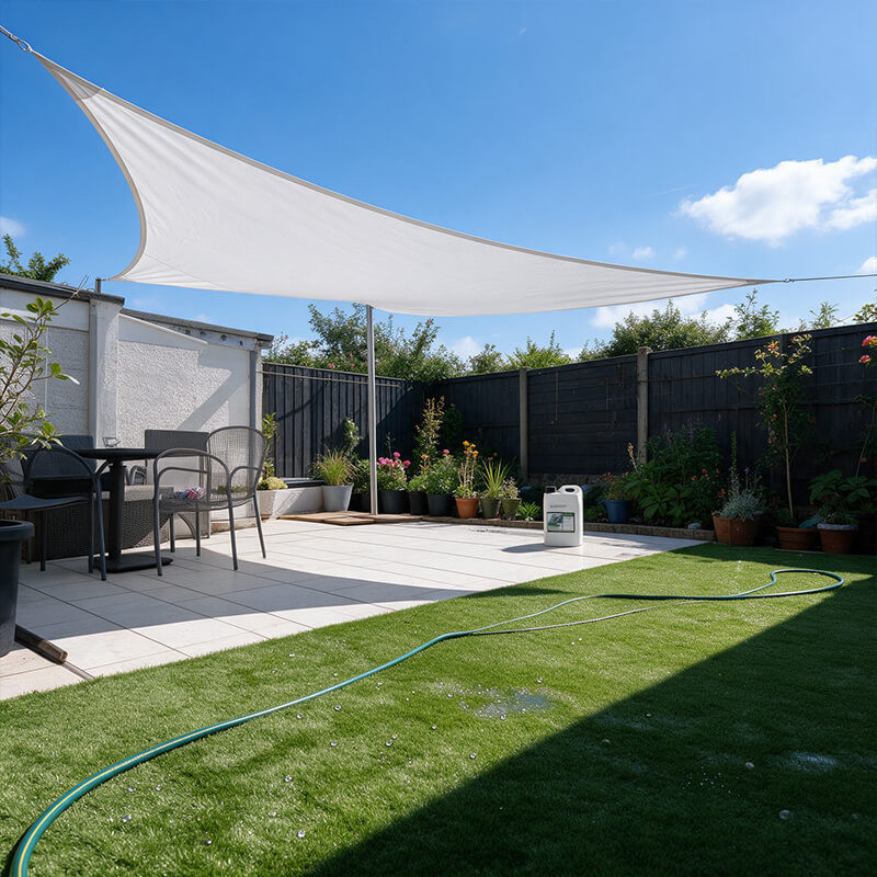 Keeping artificial grass cool in summer Artificial grass lawn and patio under a white shade sail, with a garden hose on the grass on a sunny day