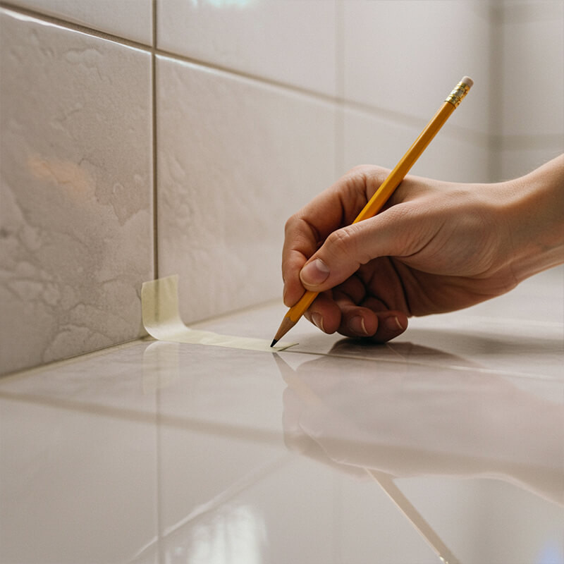 Hand applying a pencil marker and masking tape to a white porcelain floor tile before drilling to prevent the bit from slipping.
