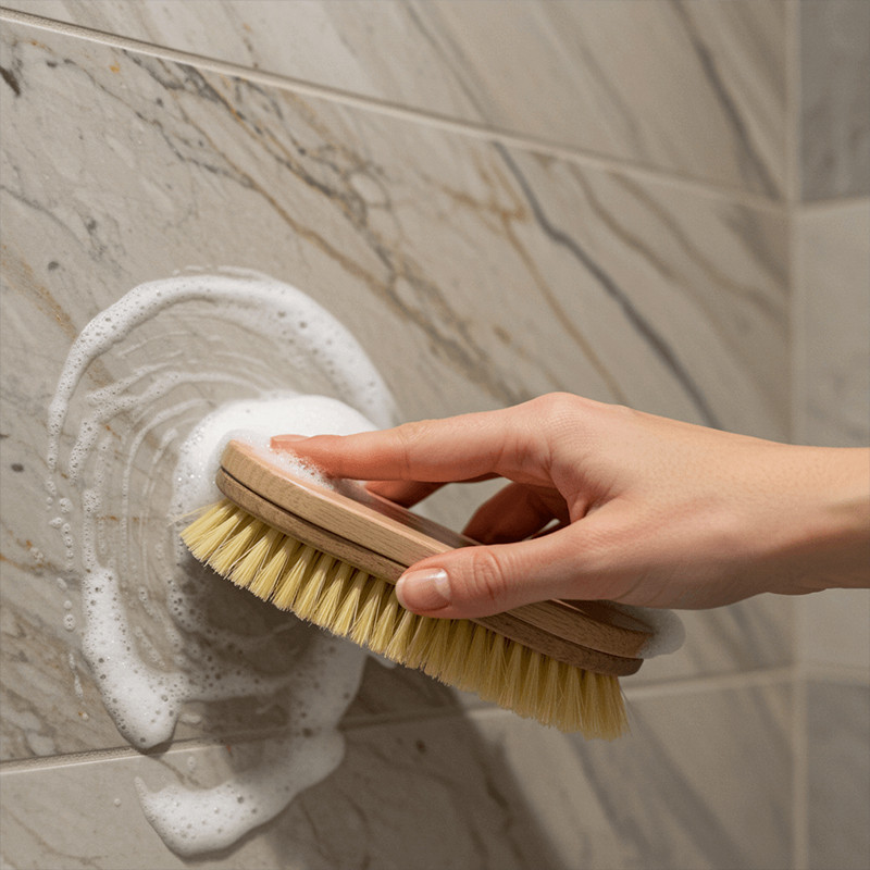 Scrubbing bathroom tiles with a brush and cleaning solution