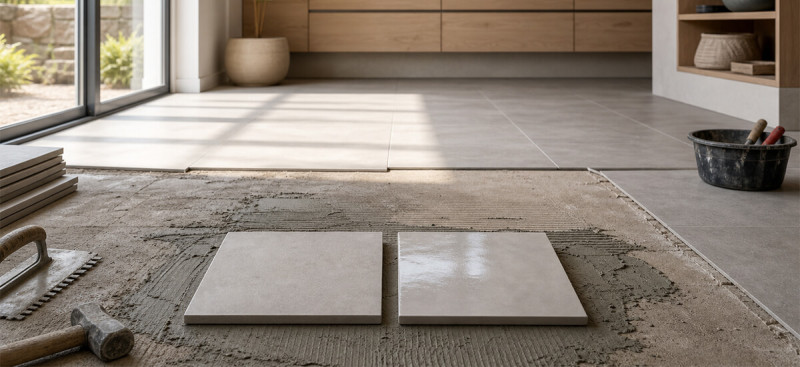 Porcelain and ceramic floor tile samples laid side by side on a prepared floor during a home renovation