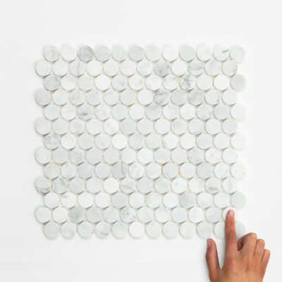 Mayfair Bianco Carrara Penny Honed Marble Mosaic 31.5x29.5cm