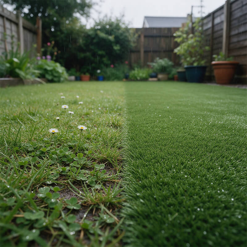 Real grass and artificial grass side by side Close-up where real grass with daisies meets dense artificial grass in a garden