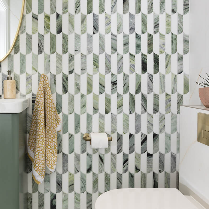 Small bathroom with vertical subway tile arrangement