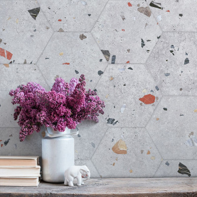 Hexagon Sonar Silver Terrazzo-Effect Satin Porcelain Tile 25x22cm