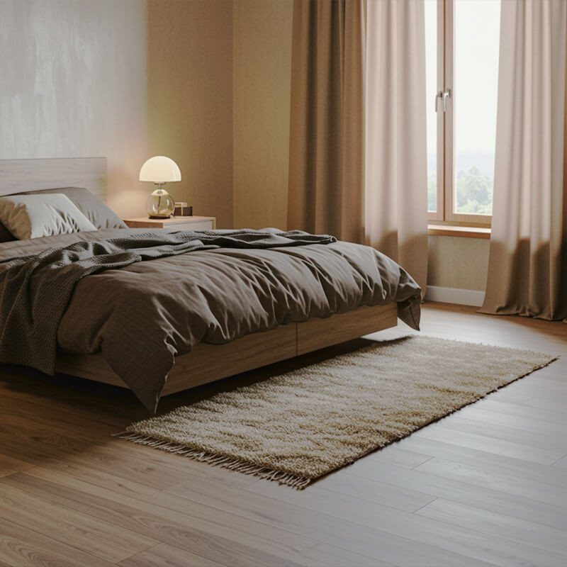 Spacious bedroom with waterproof laminate flooring, a practical choice over carpet.