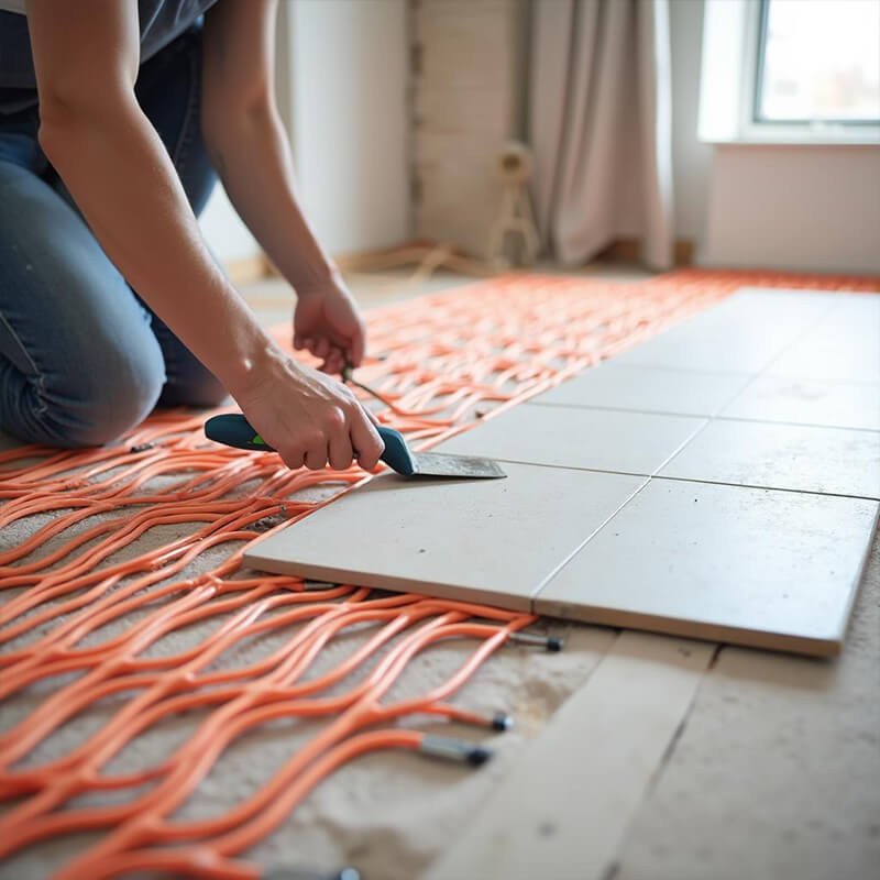 Cutaway view of tiled living room floor with heating cables underneath