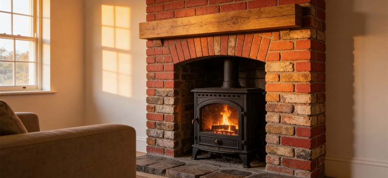 Cosy living room interior with grey reclaimed brick slips on a fireplace chimney breast, black wood-burning stove insert, and warm ambient lighting