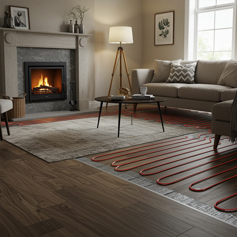 Laid tiles partially revealing heating system underneath in living space