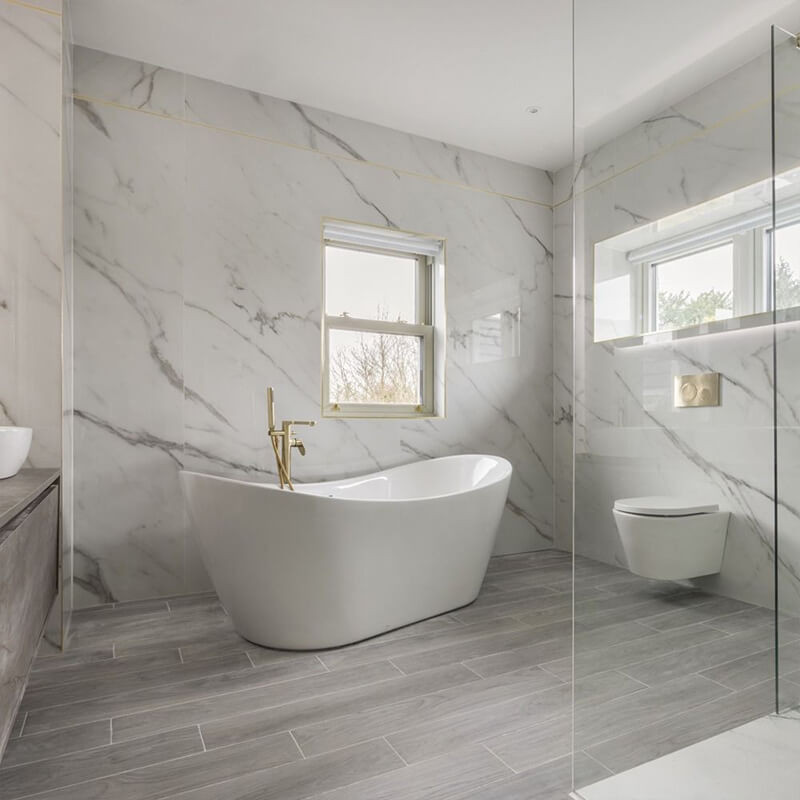 Modern bathroom with polished glossy tiles