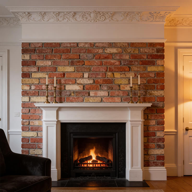 Fireplace Brick Slips — Classic Period Fireplace Styling for Traditional Irish Homes A traditionally styled Irish fireplace with a white-painted surround and ornate mantle, showing how brick slips and classic surround styles can coexist in period properties. This image illustrates the kind of elegant, timeless fireplace finish that adds g