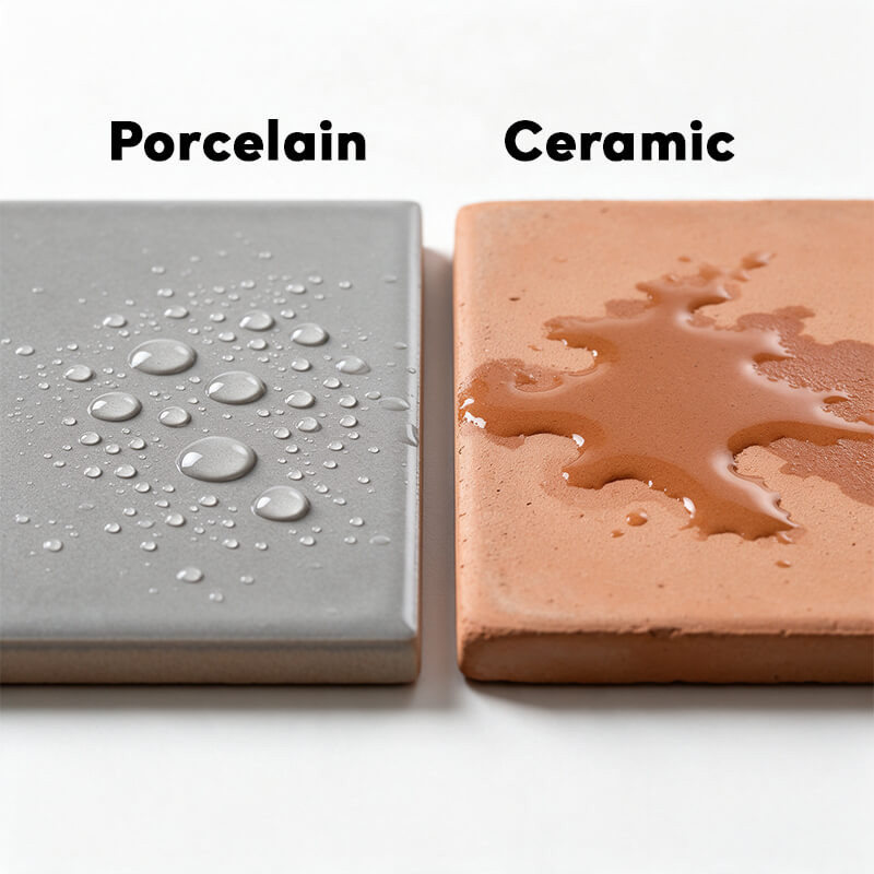 Porcelain vs ceramic water absorption Grey porcelain tile with water droplets beading on the surface next to a terracotta ceramic tile absorbing water