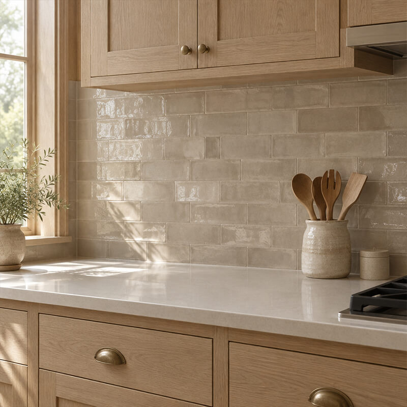 Greige Glazed Subway Backsplash Tiles with Oak Kitchen Cabinets Glazed beige Zellige-style subway tiles on a kitchen backsplash above a white countertop and oak cabinets.