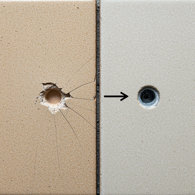 A diamond-tipped drill bit penetrating a cream and white ceramic tile wall, with an arrow pointing to the newly drilled hole.