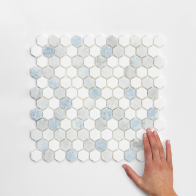 Kent Mixed Penny Hexagon Honed Marble Mosaic 30x29cm