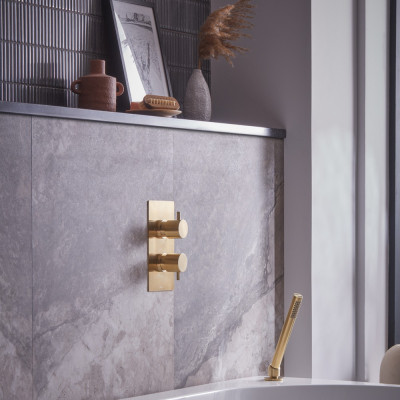 Quantum Shower System/Column (with Overflow Bath Filler and Deck Mounted Handset) - Brushed Brass