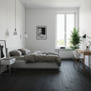 Laminate flooring with a soft rug, blending warmth and practicality better than carpet.
