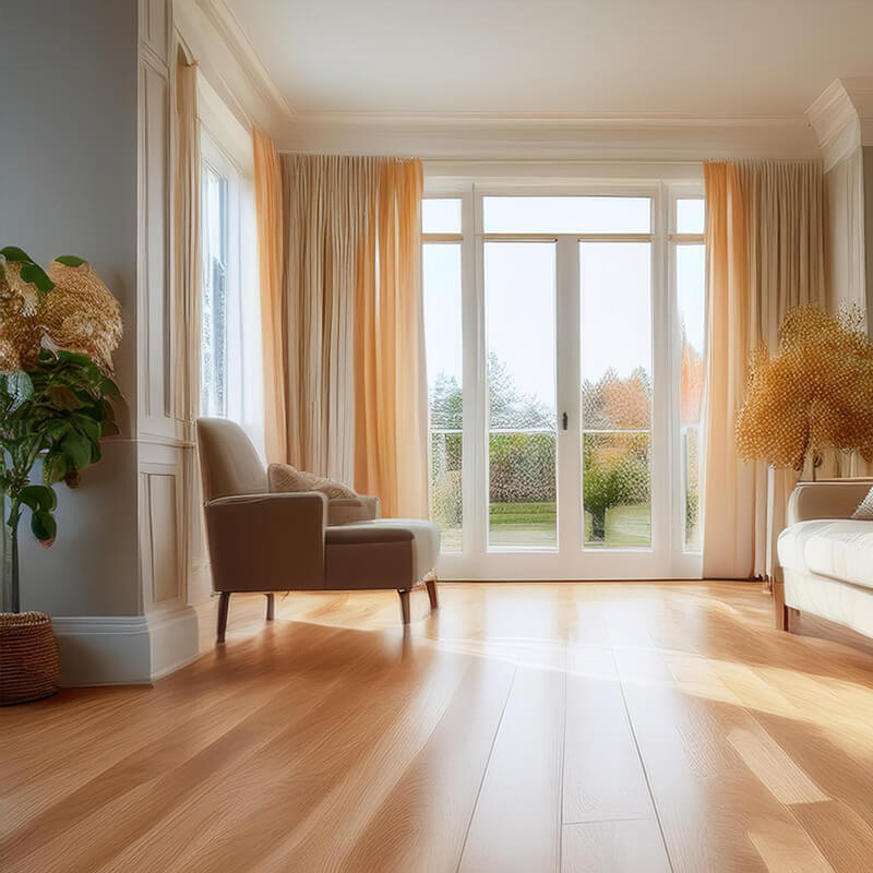Light hardwood flooring with contrasting dark skirting in a hallway