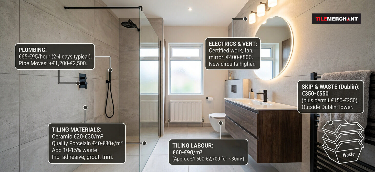 2026 Itemised Bathroom Renovation Costs in Ireland Itemised bathroom renovation cost infographic breakdown in Ireland covering plumbing, tiling, electric.