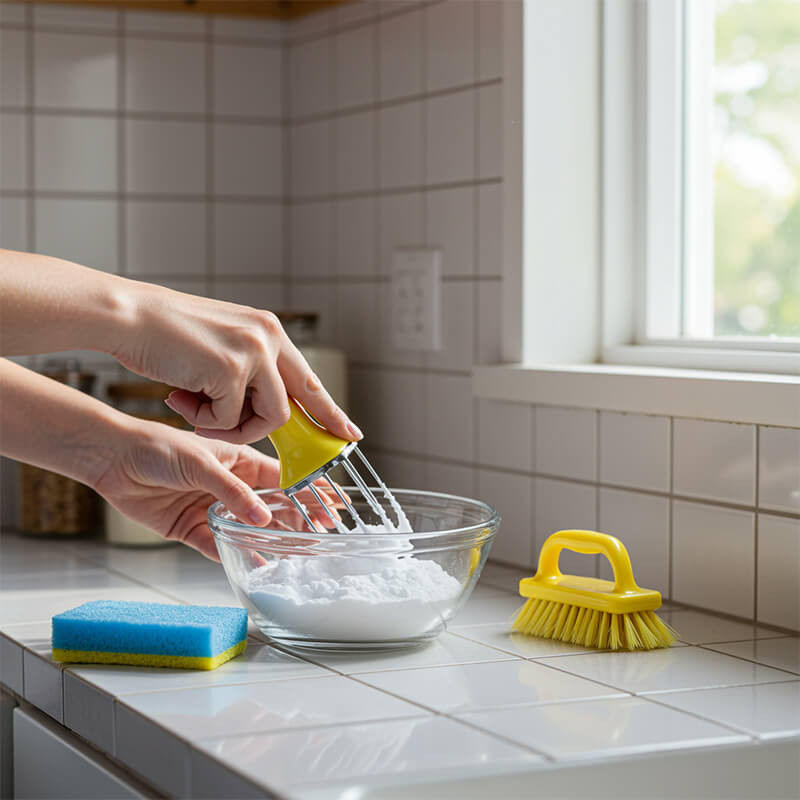 Hand cleaning paint from bathroom tiles with a sponge and bowl of soapy water.