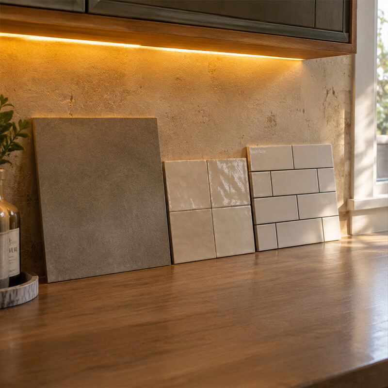 Testing Kitchen Tile Samples Under Warm Countertop Lighting Three tile samples—grey porcelain, Zellige-style, and white subway—propped against a wall on a wooden kitchen worktop under warm under-cabinet lighting.