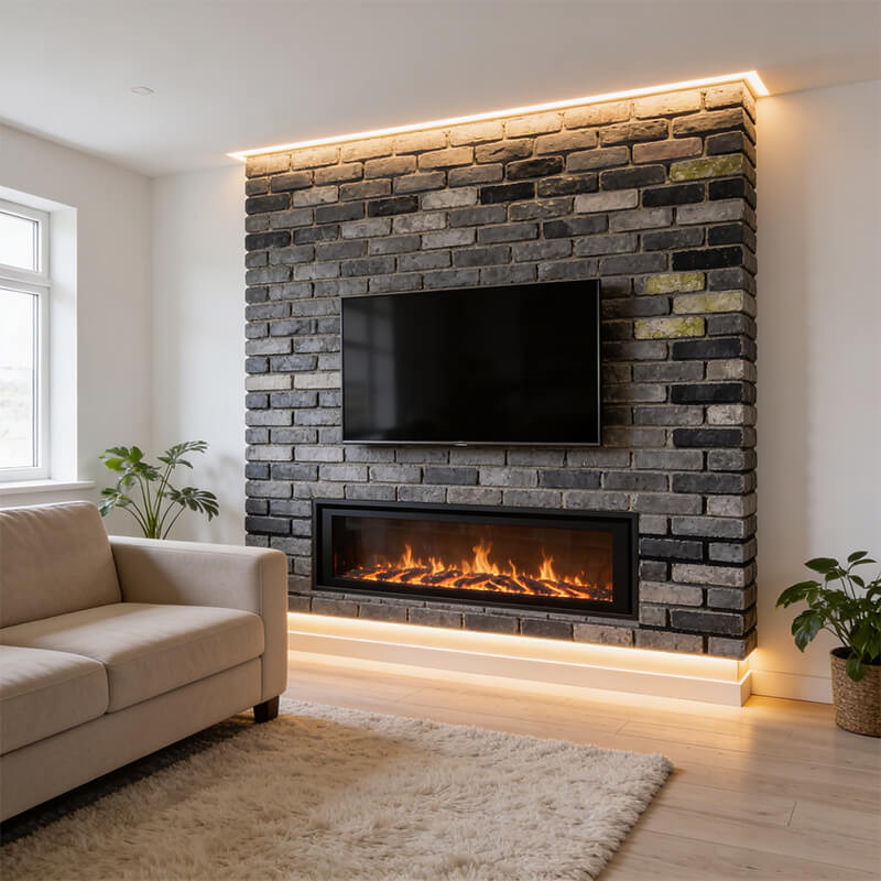 Grey Reclaimed Brick Slips — Contemporary Fireplace & Feature Wall Tiles Reclaimed grey brick slips used as a kitchen feature wall, showing deep charcoal and slate grey tones with ash variation, subtle lime bloom, and dark mortar joints in a contemporary Irish home