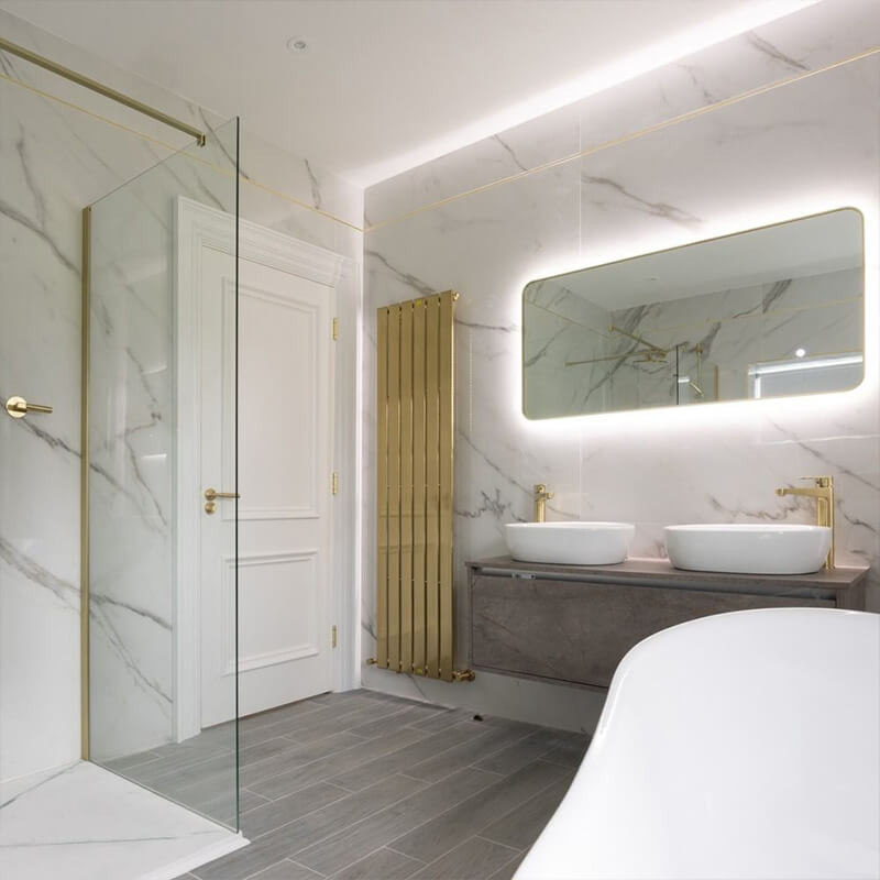 High-shine glossy tiles in a modern bathroom