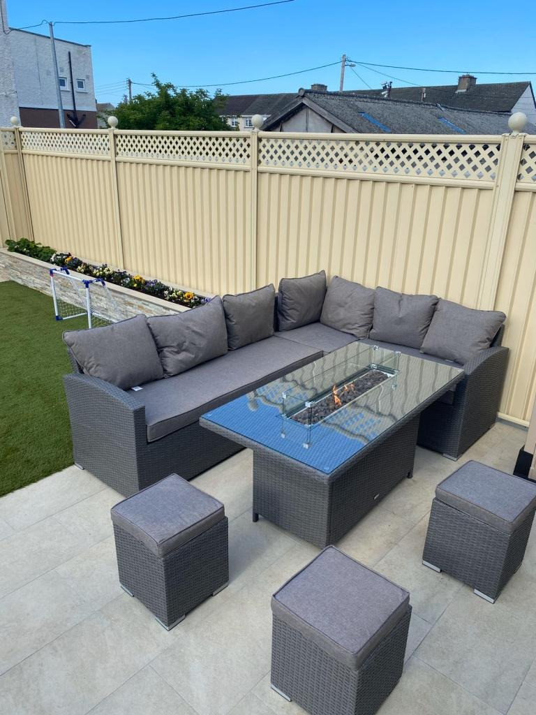 A set of furniture on outdoor porcelain tiles