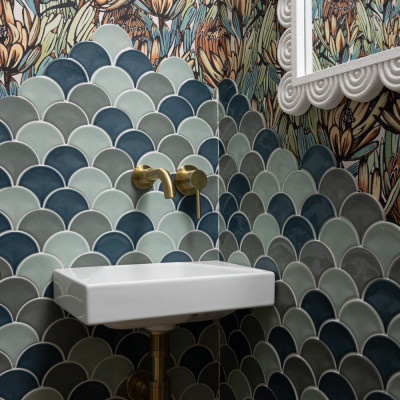 Blue Mix Fish scale Gloss Porcelain Mosaic Tile 25.9x27.3cm