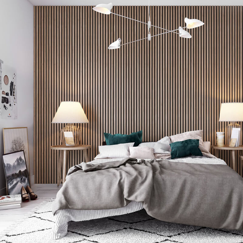 Wooden slat panels bring warmth and texture to this stylish bedroom.
