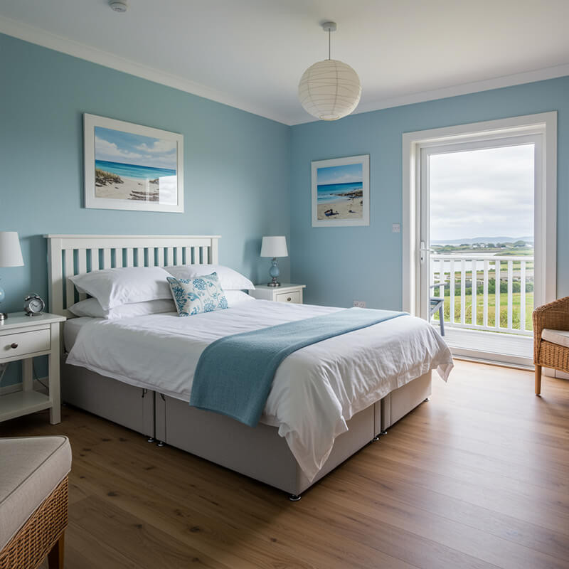 Light oak laminate flooring in a cozy bedroom, offering a warm alternative to carpet