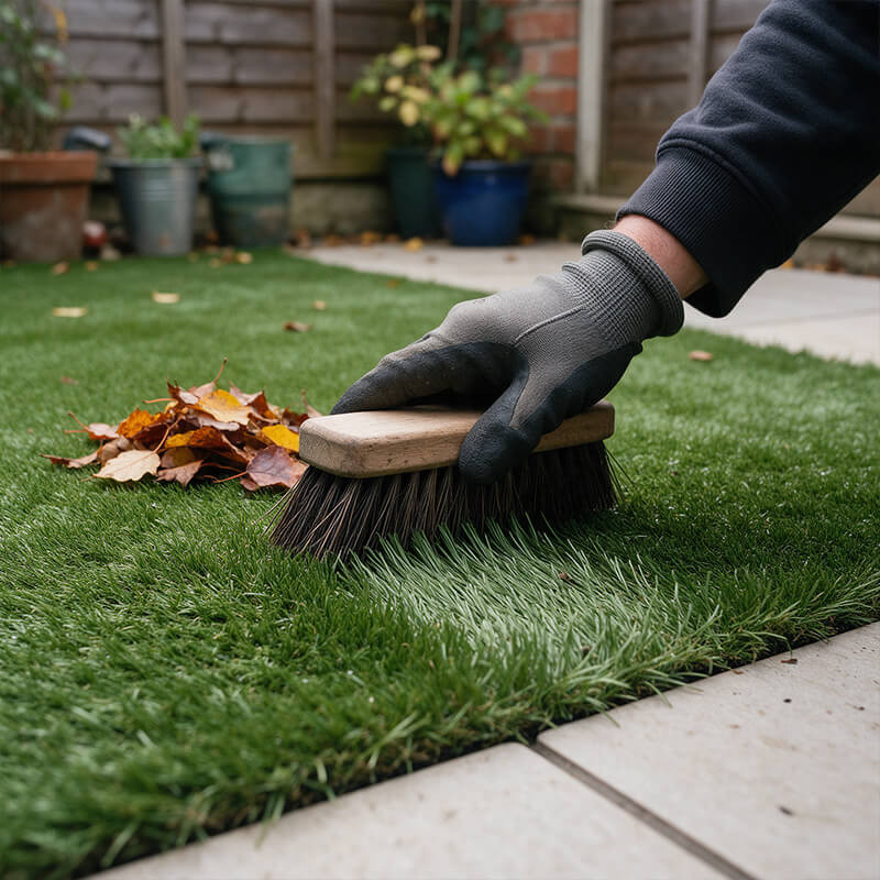 How to maintain artificial grass Gloved hand brushing artificial grass with a stiff brush beside a pile of autumn leaves