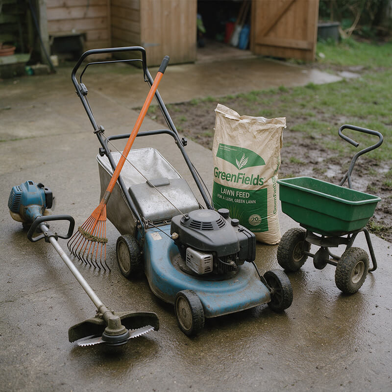 Real grass lawn care tools and running costs Petrol lawnmower, strimmer, rake, lawn feed and fertiliser spreader on a wet patio beside a muddy lawn