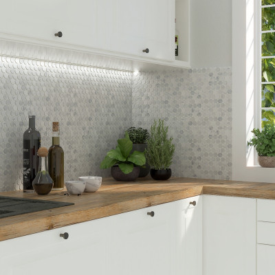 Mayfair Bianco Carrara Penny Honed Marble Mosaic 31.5x29.5cm