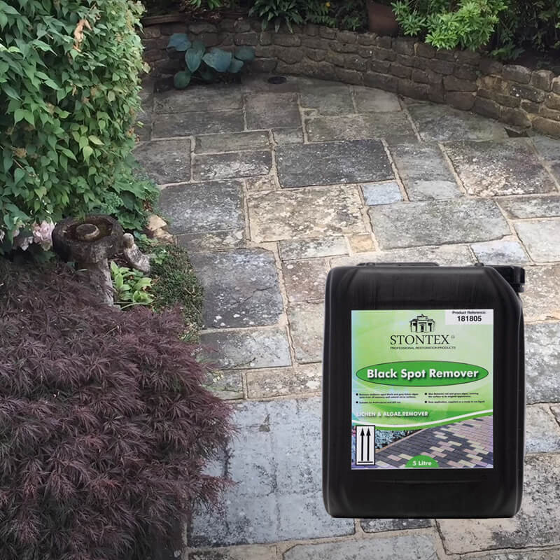 Stontex Patio Black Spot Remover has been used in this garden to remove lichen, moss and algae.