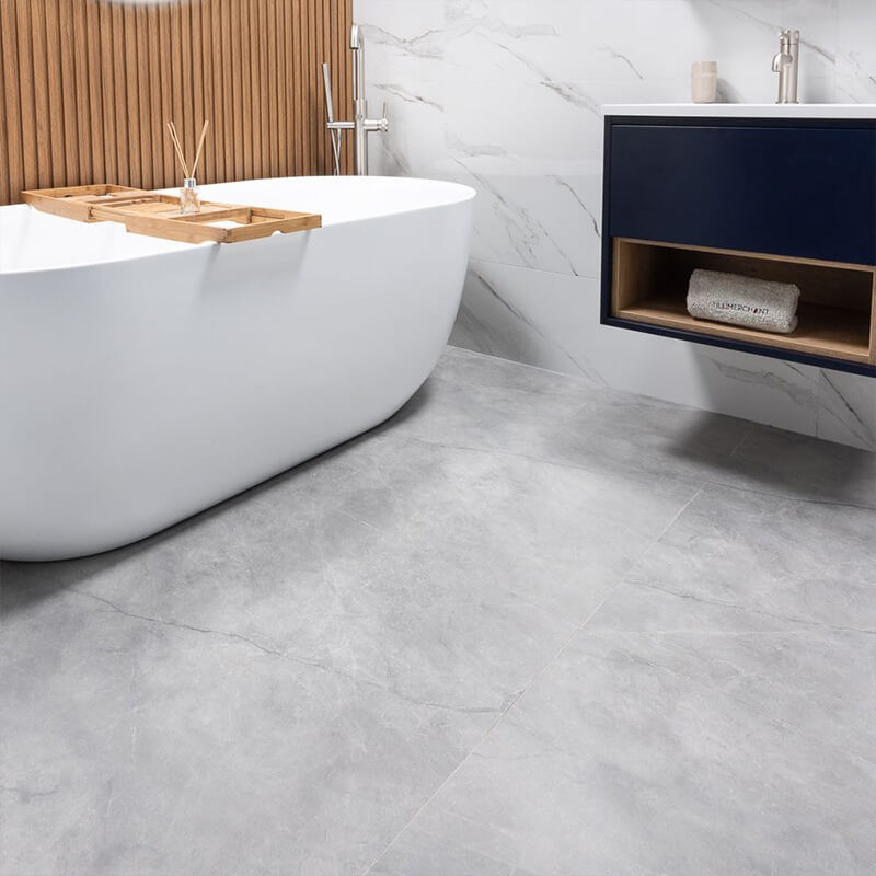 Matte grey tiles on a bathroom wall