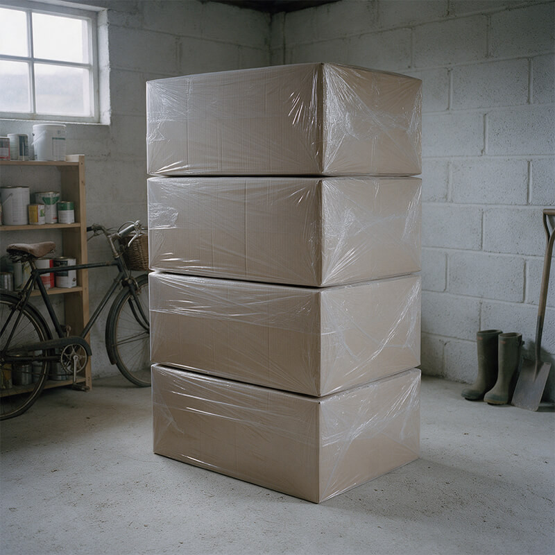 Leftover tile boxes from over-ordering Four unopened, wrapped tile boxes stacked in a garage next to a bicycle and wellington boots