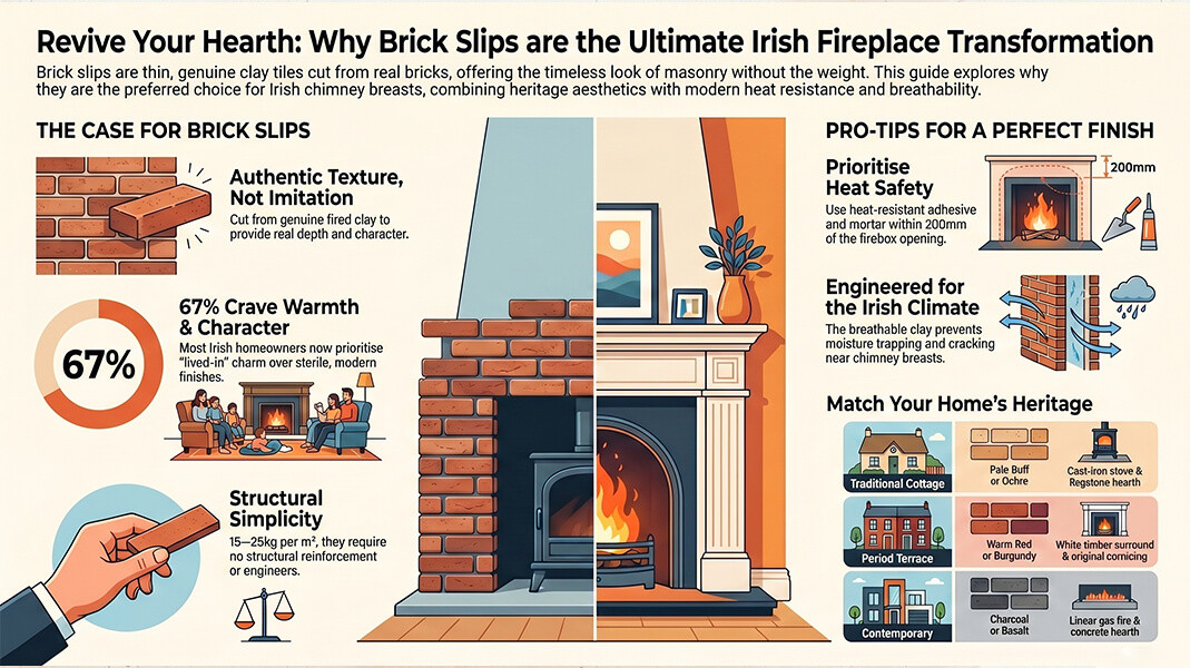 Brick Slips and Cladding Ireland — The Complete Visual Guide for Irish Homeowners Infographic about brick slips and brick cladding options for Irish homes, featuring product information, installation tips, and fireplace application examples