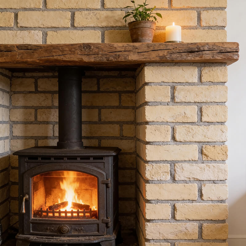Brick Effect Tiles for Fireplace — Rustic Reclaimed Style with a Wood-Burning Stove Traditional Irish fireplace clad in rustic brick effect tiles with a black wood-burning stove, natural timber mantle, and warm amber.